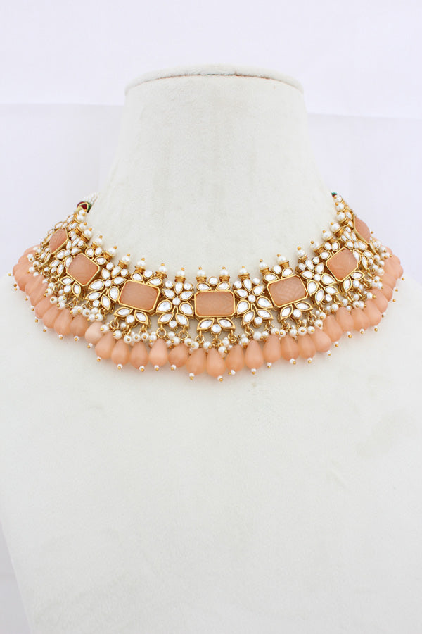 Peach Kundan Necklace Set With Matching Earrings And Tikka (IGNK011)