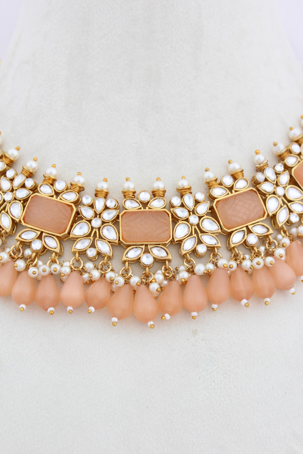 Peach Kundan Necklace Set With Matching Earrings And Tikka (IGNK011)