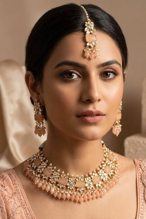Peach Kundan Necklace Set With Matching Earrings And Tikka (IGNK011)
