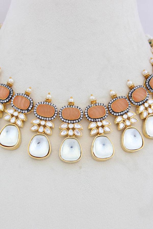 Peach Necklace In Kundan With Earrings And Tikka (IGNK007)