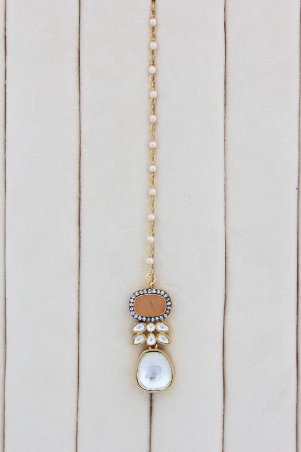 Peach Necklace In Kundan With Earrings And Tikka (IGNK007)