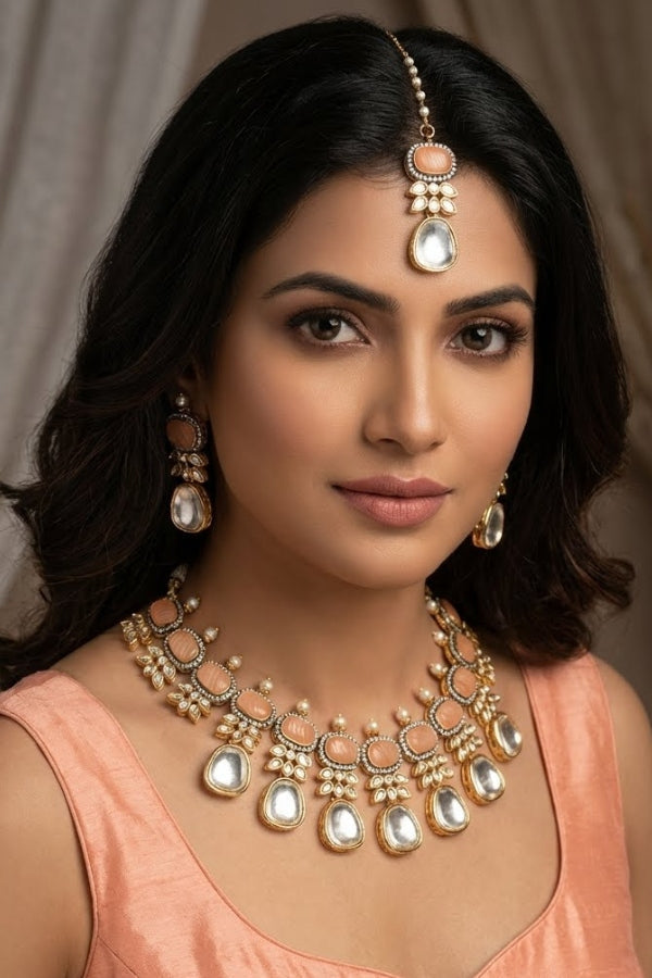 Peach Necklace In Kundan With Earrings And Tikka (IGNK007)
