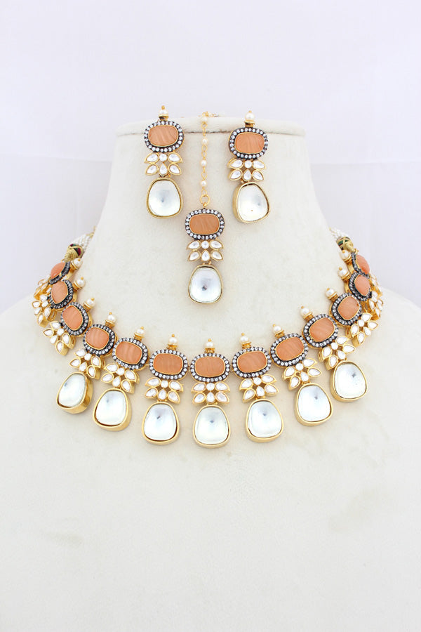 Peach Necklace In Kundan With Earrings And Tikka (IGNK007)