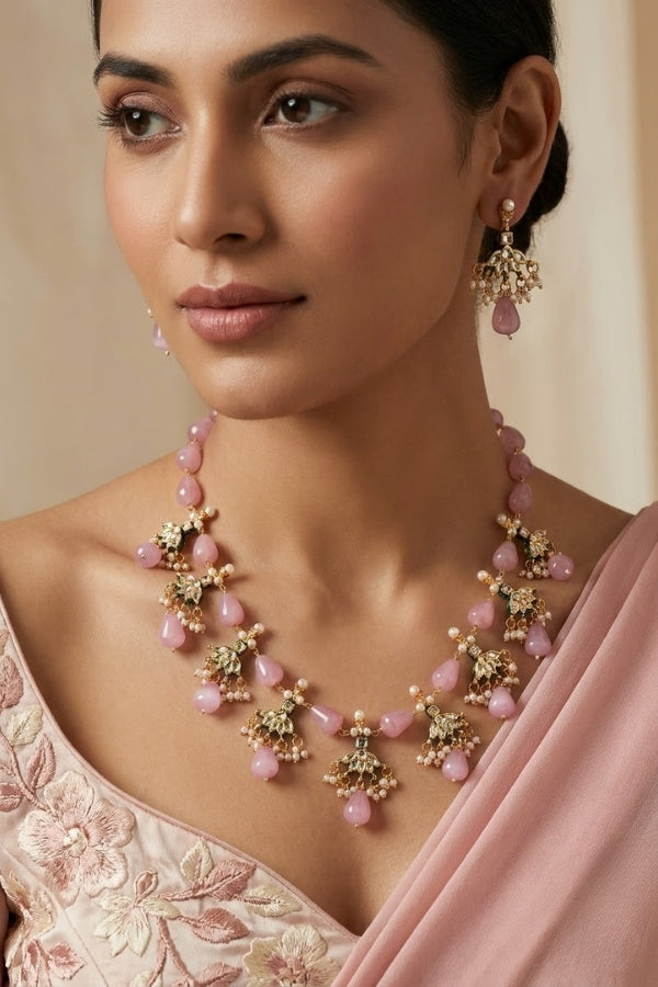 Pink Colour Cat Eye Pearls With A Shiny Finish And Kundan Look Pendants Attached (MA0007-P)