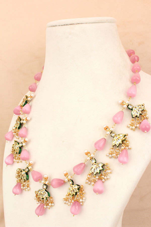 Pink Colour Cat Eye Pearls With A Shiny Finish And Kundan Look Pendants Attached (MA0007-P)