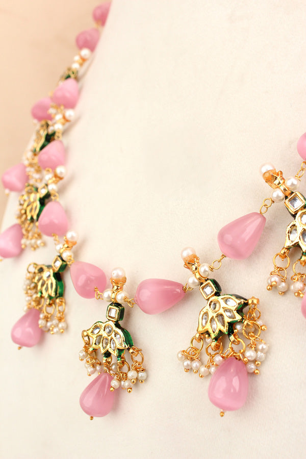 Pink Colour Cat Eye Pearls With A Shiny Finish And Kundan Look Pendants Attached (MA0007-P)