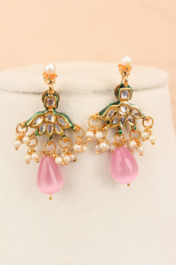 Pink Colour Cat Eye Pearls With A Shiny Finish And Kundan Look Pendants Attached (MA0007-P)
