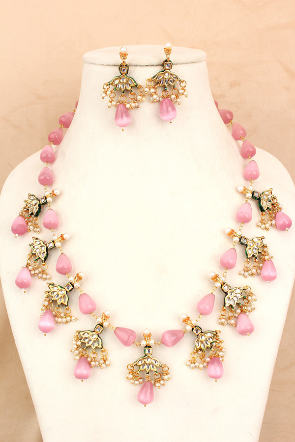Pink Colour Cat Eye Pearls With A Shiny Finish And Kundan Look Pendants Attached (MA0007-P)
