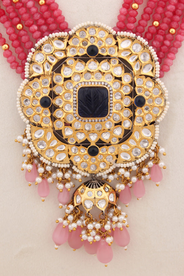 Dark Pink Crystal Beads In Ranks And Large Pendant With Blue Center Stone With Matching Statement Earrings  (LKN005B-Kundan)