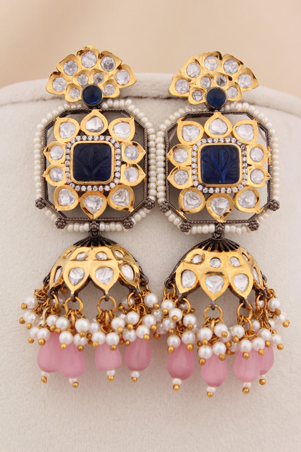 Dark Pink Crystal Beads In Ranks And Large Pendant With Blue Center Stone With Matching Statement Earrings  (LKN005B-Kundan)