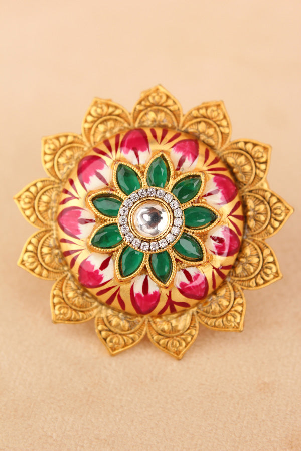 Pink Fashionable Adjustable Meenakari Ring With Sunflower Design (RF006-P)