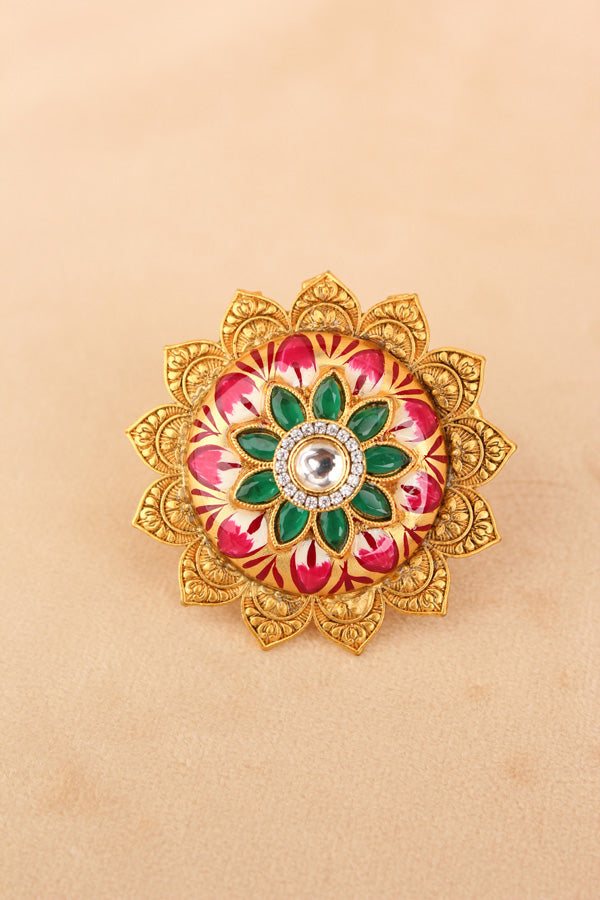 Pink Fashionable Adjustable Meenakari Ring With Sunflower Design (RF006-P)