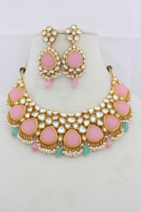 Pink And Green Kundan Necklace Set With Matching Earrings(IGNK008)