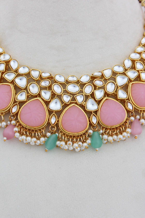 Pink And Green Kundan Necklace Set With Matching Earrings(IGNK008)