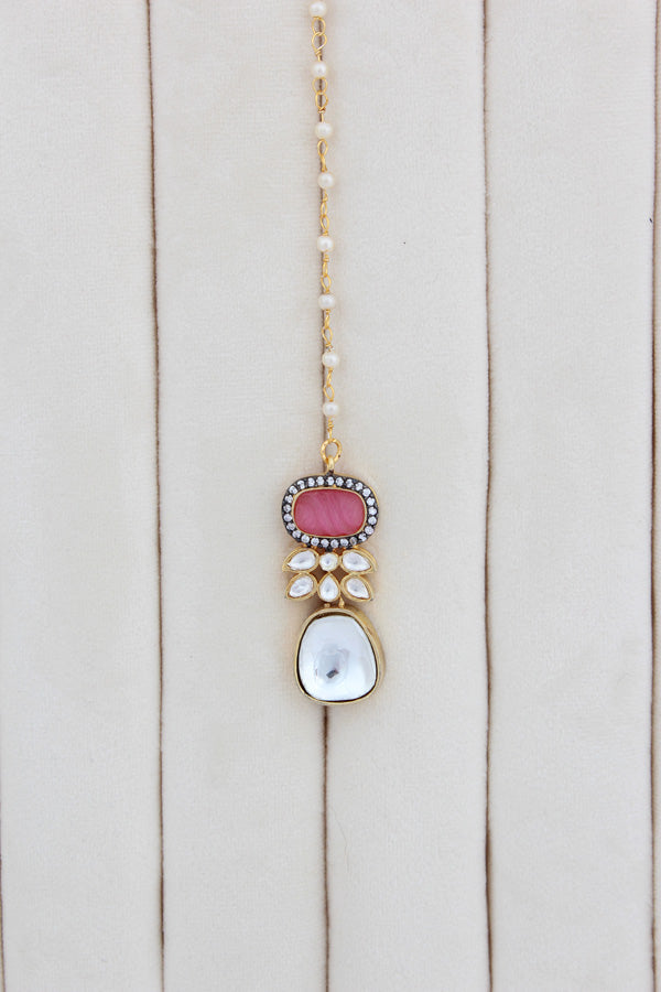 Pink And Green Necklace In Kundan With Earrings And Tikka (IGNK007)