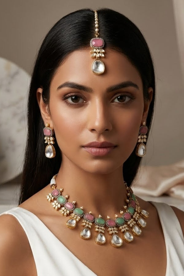 Pink And Green Necklace In Kundan With Earrings And Tikka (IGNK007)