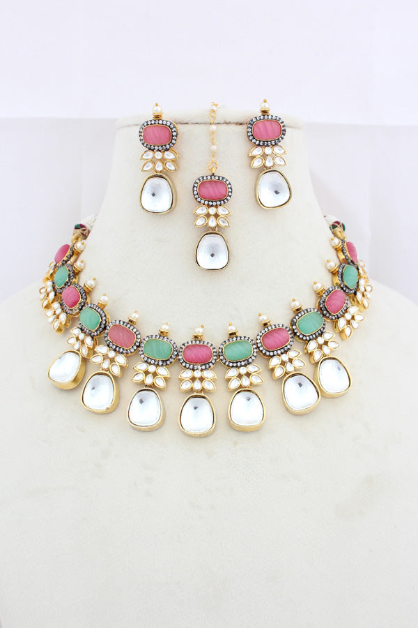 Pink And Green Necklace In Kundan With Earrings And Tikka (IGNK007)