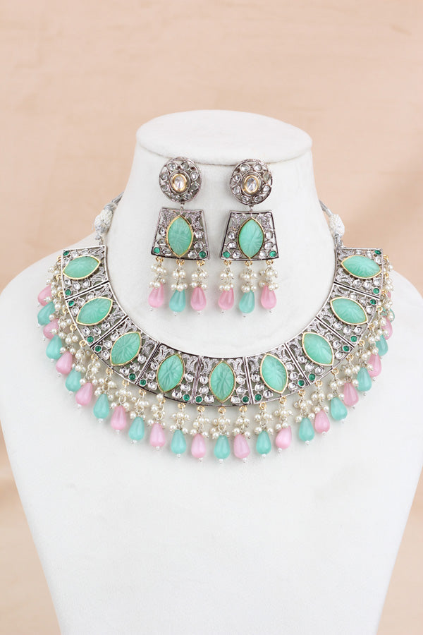 Pink Green Silver Polish Kundan Necklace Set With Earrings And Tikka(IGNK010)