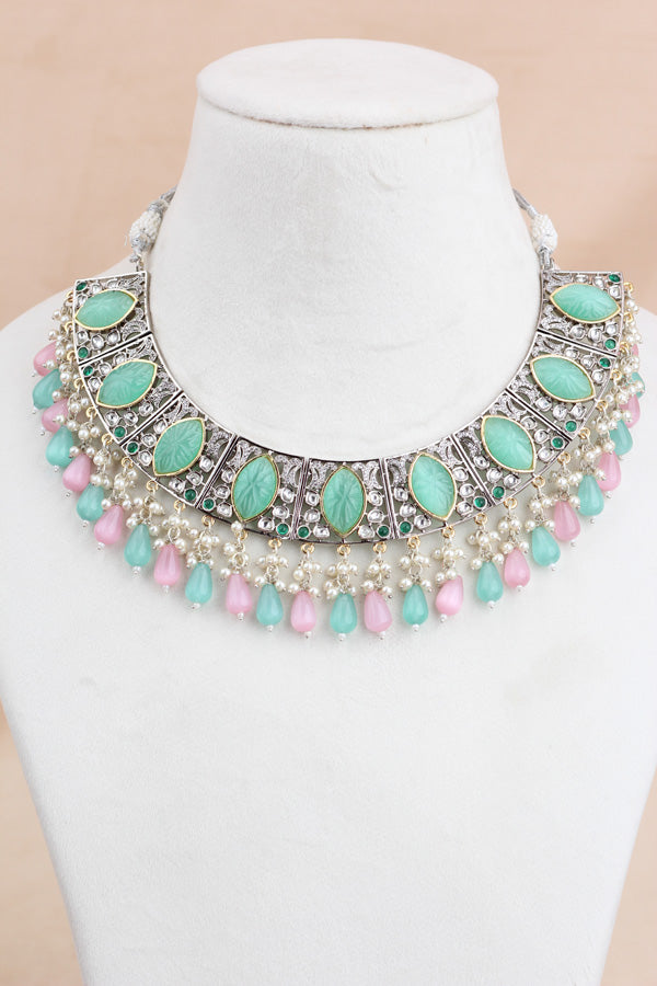 Pink Green Silver Polish Kundan Necklace Set With Earrings And Tikka(IGNK010)