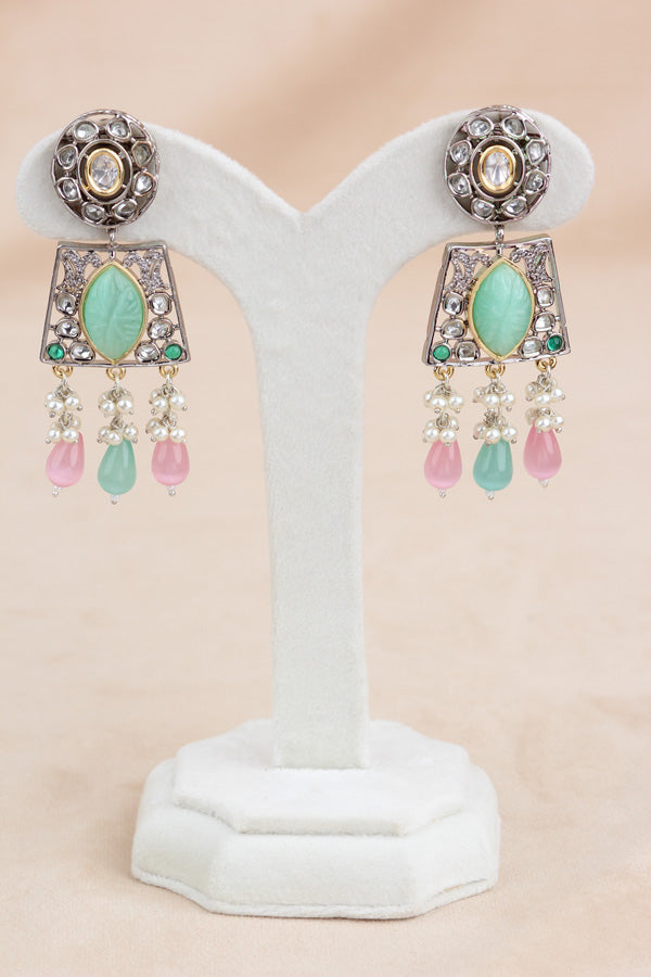 Pink Green Silver Polish Kundan Necklace Set With Earrings And Tikka(IGNK010)