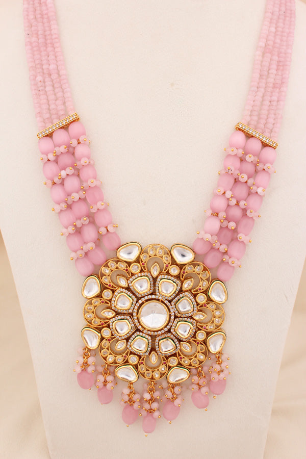 Pink Kundan Long Necklace Set Attached With A Large Statement Pendant And Stud Earrings  (LKN003-Kundan)