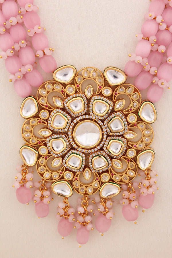 Pink Kundan Long Necklace Set Attached With A Large Statement Pendant And Stud Earrings  (LKN003-Kundan)