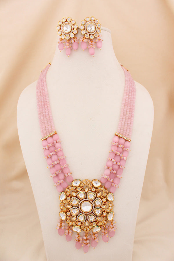 Pink Kundan Long Necklace Set Attached With A Large Statement Pendant And Stud Earrings  (LKN003-Kundan)