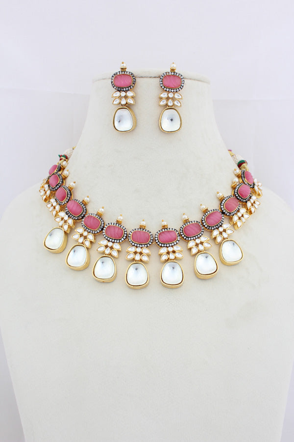 Pink Necklace In Kundan With Earrings And Tikka (IGNK007)