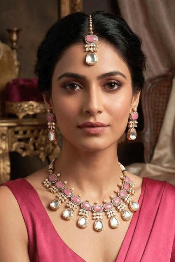 Pink Necklace In Kundan With Earrings And Tikka (IGNK007)