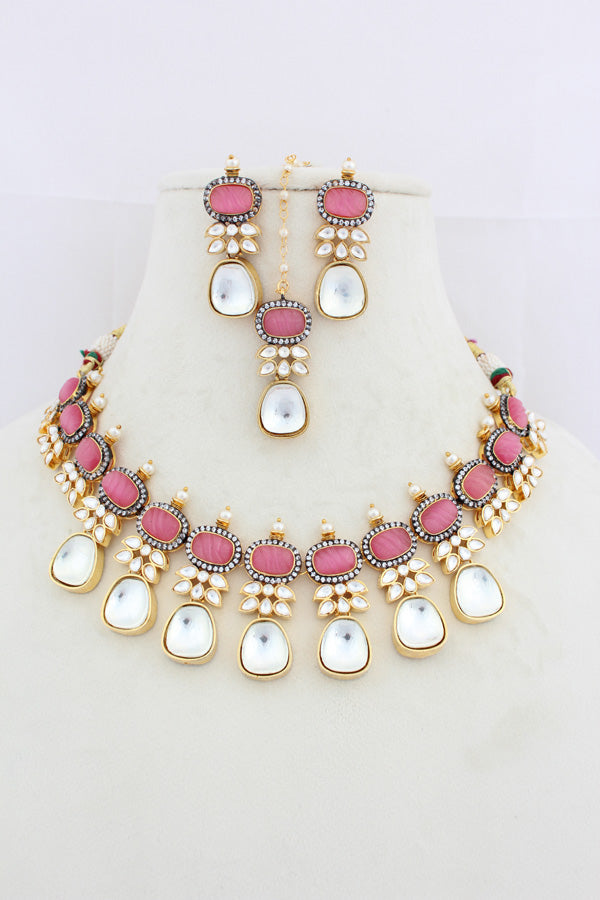 Pink Necklace In Kundan With Earrings And Tikka (IGNK007)