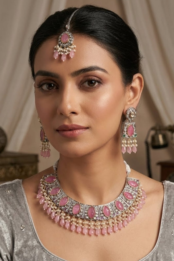 Pink Silver Polish Kundan Necklace Set With Earrings And Tikka(IGNK010)