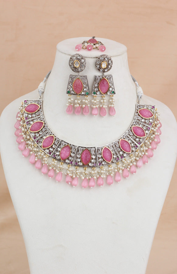 Pink Silver Polish Kundan Necklace Set With Earrings And Tikka(IGNK010)