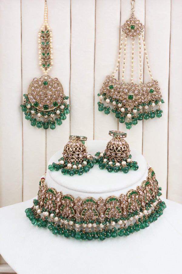 Green Polki Choker With Jhumka Earring With Attached Saharey Large Tikka And Passa (CS017-G-Polki-B3)