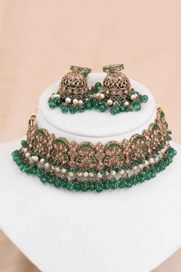 Green Polki Choker With Jhumka Earring With Attached Saharey Large Tikka And Passa (CS017-G-Polki-B3)