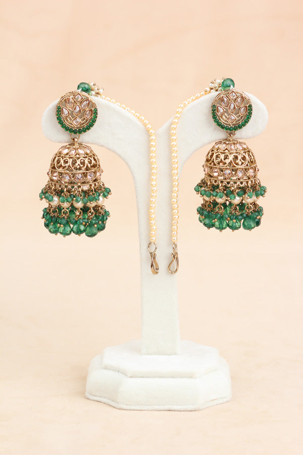 Green Polki Choker With Jhumka Earring With Attached Saharey Large Tikka And Passa (CS017-G-Polki-B3)