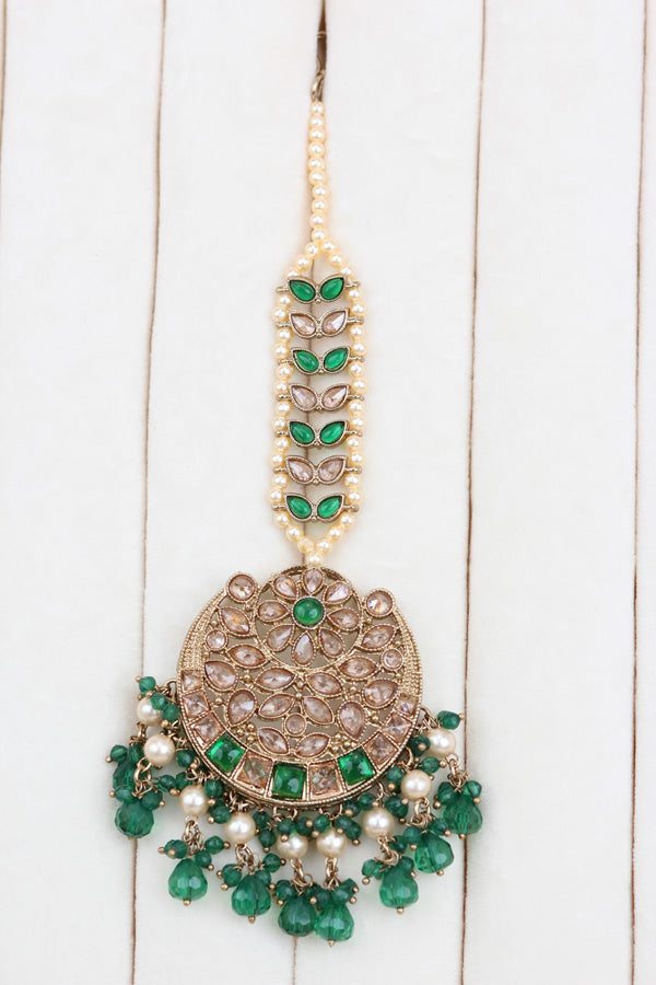 Green Polki Choker With Jhumka Earring With Attached Saharey Large Tikka And Passa (CS017-G-Polki-B3)