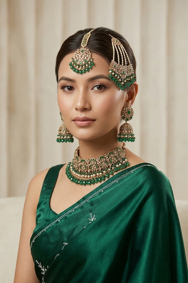 Green Polki Choker With Jhumka Earring With Attached Saharey Large Tikka And Passa (CS017-G-Polki-B3)