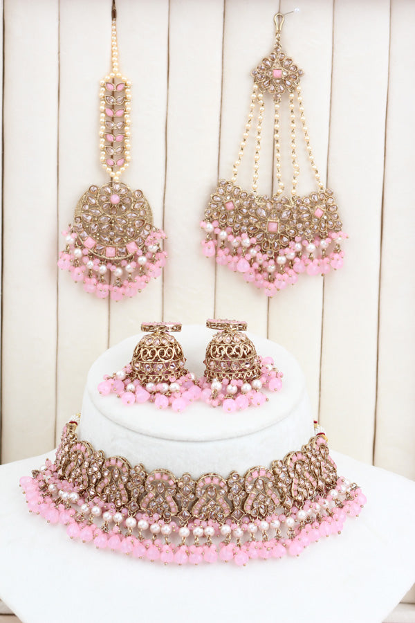 Pink Polki Choker With Jhumka Earring With Attached Saharey Large Tikka And Passa (CS017-P-Polki-B3)