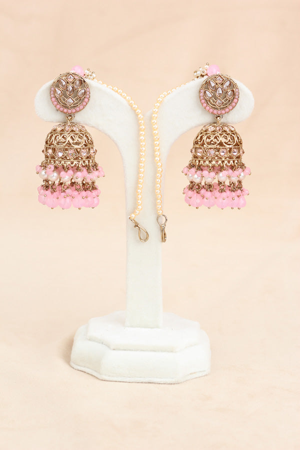 Pink Polki Choker With Jhumka Earring With Attached Saharey Large Tikka And Passa (CS017-P-Polki-B3)
