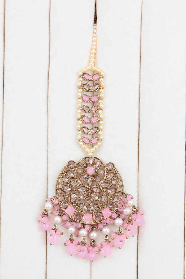 Pink Polki Choker With Jhumka Earring With Attached Saharey Large Tikka And Passa (CS017-P-Polki-B3)