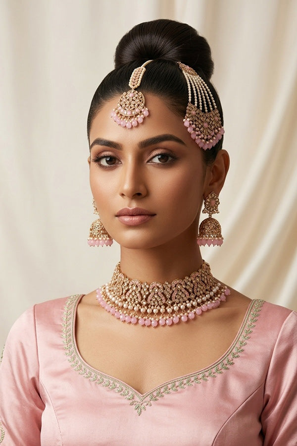 Pink Polki Choker With Jhumka Earring With Attached Saharey Large Tikka And Passa (CS017-P-Polki-B3)