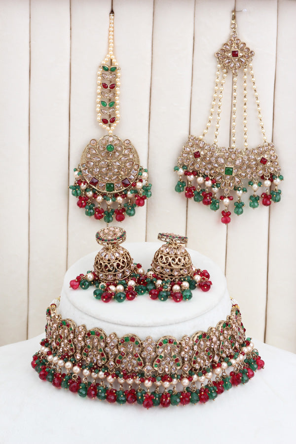 Red And Green Polki Choker With Jhumka Earring With Attached Saharey Large Tikka And Passa (CS017-RG-Polki-B3)