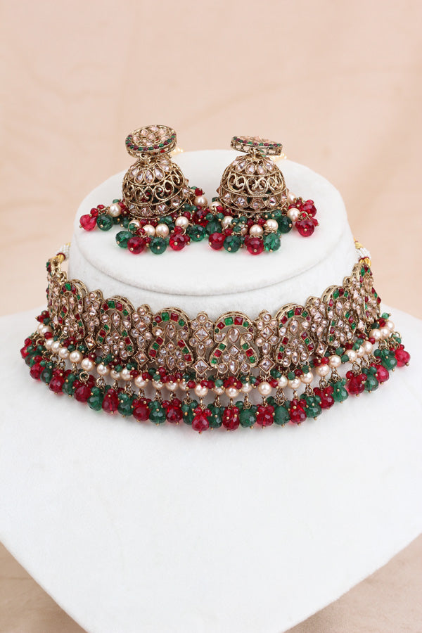 Red And Green Polki Choker With Jhumka Earring With Attached Saharey Large Tikka And Passa (CS017-RG-Polki-B3)