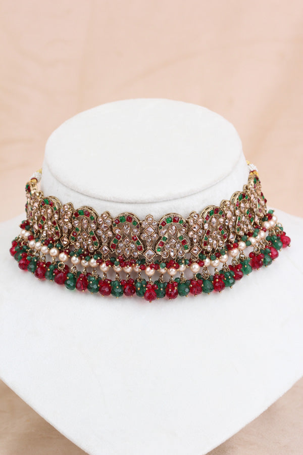 Red And Green Polki Choker With Jhumka Earring With Attached Saharey Large Tikka And Passa (CS017-RG-Polki-B3)