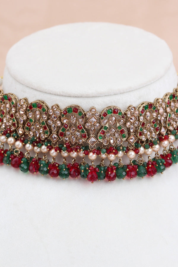 Red And Green Polki Choker With Jhumka Earring With Attached Saharey Large Tikka And Passa (CS017-RG-Polki-B3)