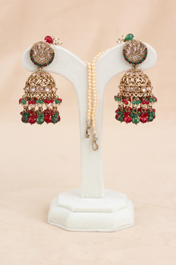 Red And Green Polki Choker With Jhumka Earring With Attached Saharey Large Tikka And Passa (CS017-RG-Polki-B3)
