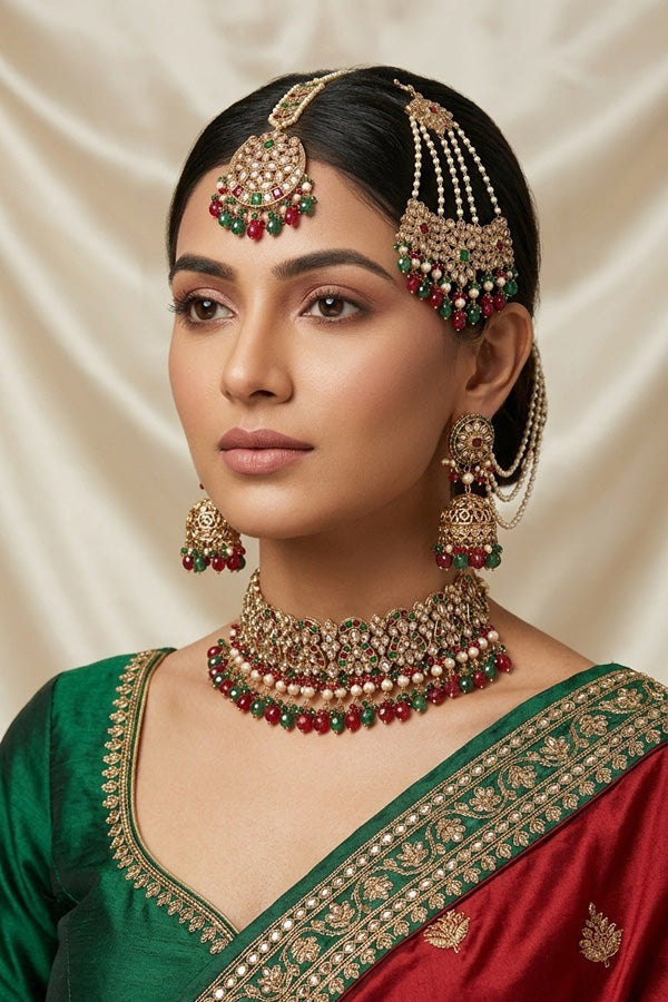 Red And Green Polki Choker With Jhumka Earring With Attached Saharey Large Tikka And Passa (CS017-RG-Polki-B3)