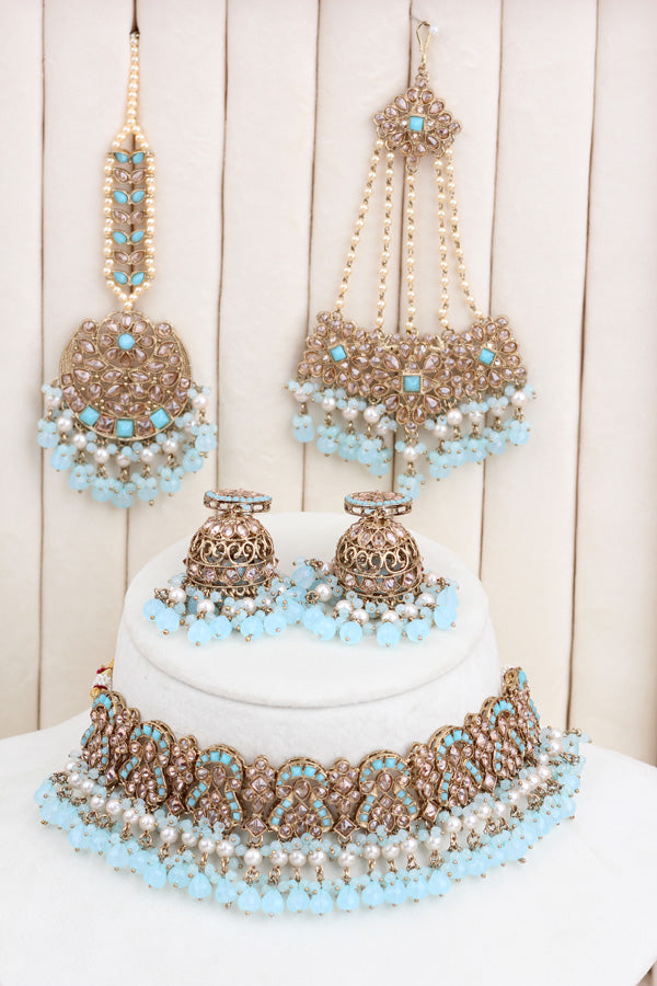 Sky Blue Polki Choker With Jhumka Earring With Attached Saharey Large Tikka And Passa (CS017-SB-Polki-B3)