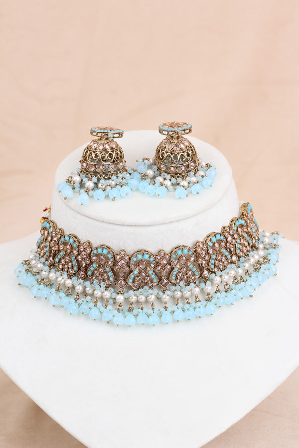 Sky Blue Polki Choker With Jhumka Earring With Attached Saharey Large Tikka And Passa (CS017-SB-Polki-B3)