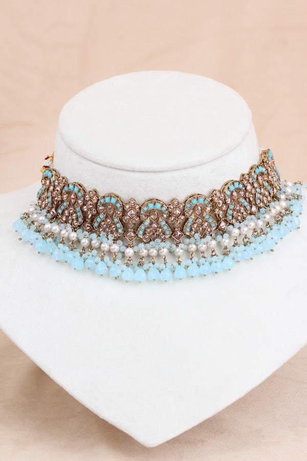 Sky Blue Polki Choker With Jhumka Earring With Attached Saharey Large Tikka And Passa (CS017-SB-Polki-B3)